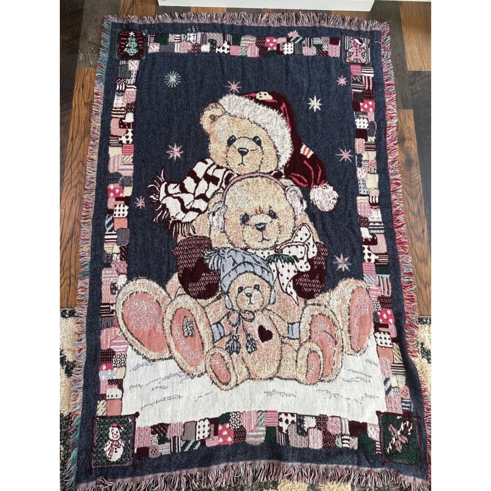 Manual Woodworkers Weavers Christmas Teddy Bear Tapestry Throw Blanket 72x46 USA